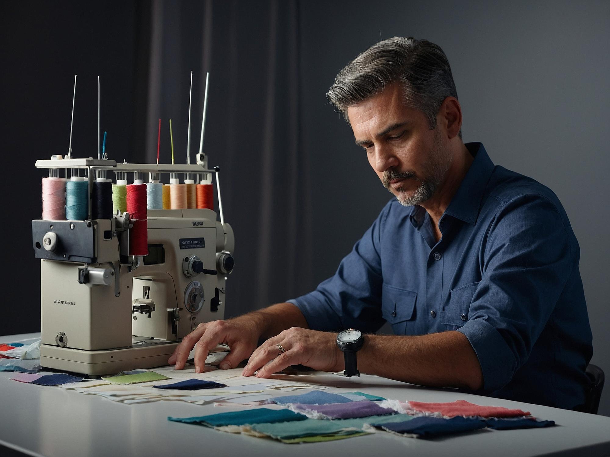 Workspace with embroidery samples and technician at machine